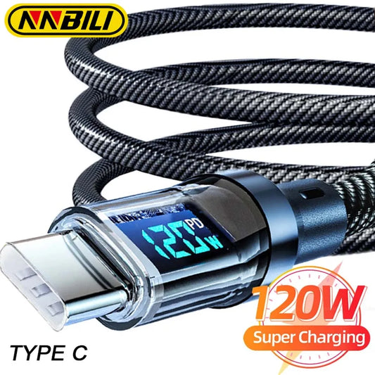 كابل NNBILI 120 واط من النوع C إلى كابل شحن سريع للغاية للهاتف مزود بشاشة LED وكابل بيانات USB إلى النوع C لهاتف Huawei وOppo وVivo